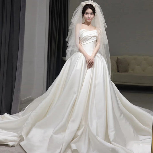 Satin Temperament Princess Style French Oversized Sweep Train Wedding Bridal Gown