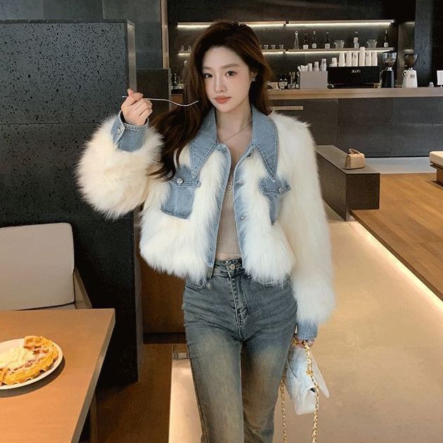 Light Blue Denim Patchwork Faux Fur Design Turn-Down Collar Crop Jean Jacket
