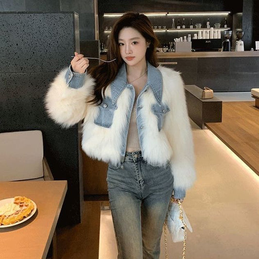 Light Blue Denim Patchwork Faux Fur Design Turn-Down Collar Crop Jean Jacket