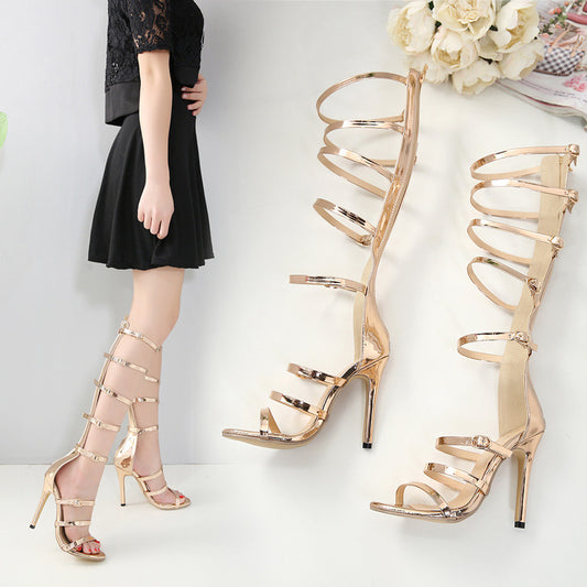 Metallic Roman Style High Stiletto Heel Holllow-Out Sandal Pumps