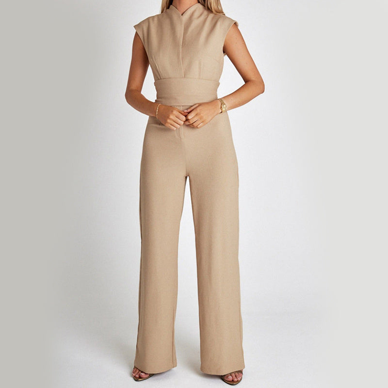 Sleeveless Micro V-Neck Sash Belt Detail Solid Color Wide Leg Jumpsuit to 5X Plus Size
