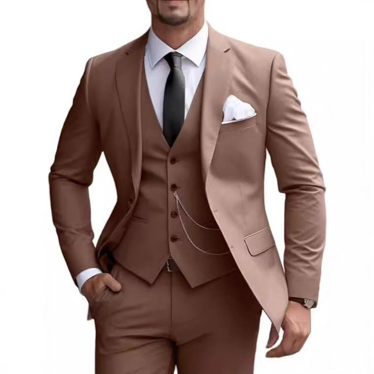 Men's Pocketed Solid Color Single Breasted Blazer w/ Button-Up Vest & Pants 3-Piece Formal Suit