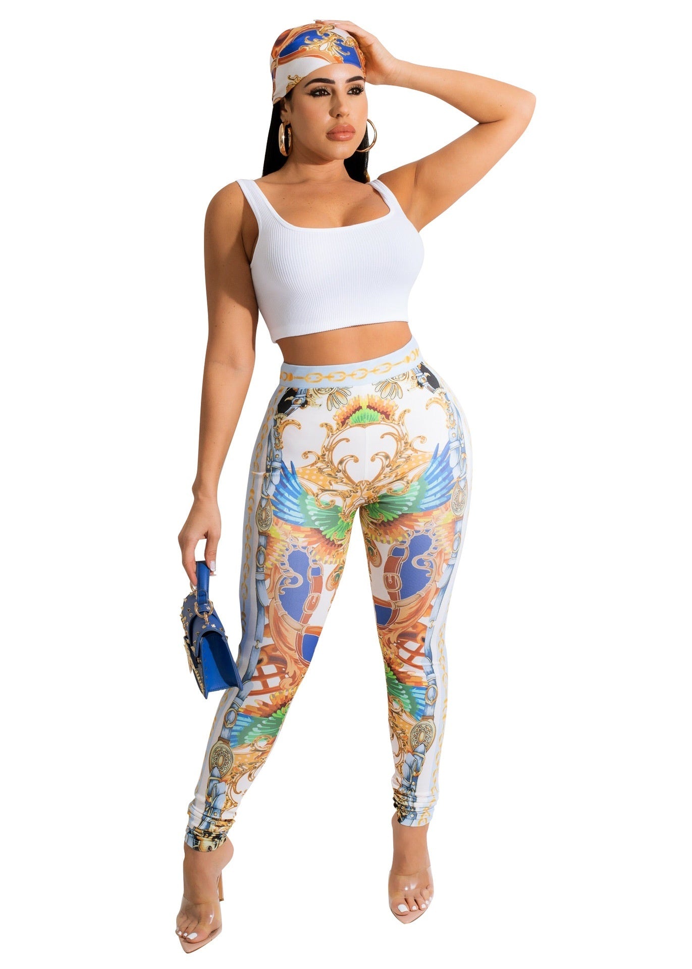 Baroque Print Women's Sleeveless Lace-Up Tube Top + Skinny Pants Two Piece Set