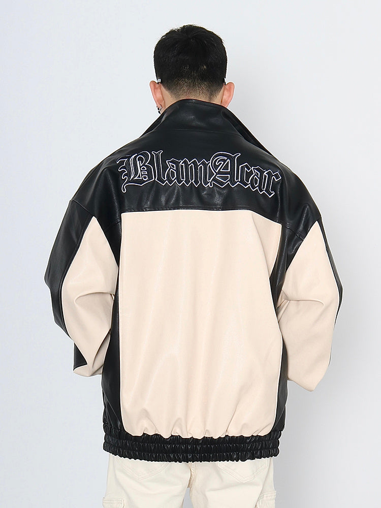 Men's PU Leather Letter Print Hip-Hop Colorblock  Contrast Patchwork Embroidered Bomber Jacket