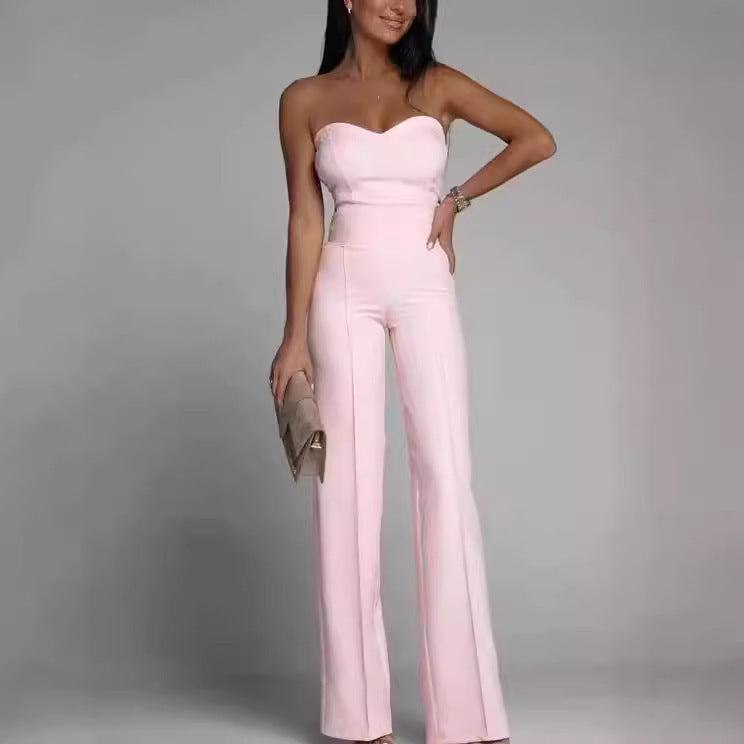 Sleeveless Strapless Women's Skinny Fit Tube Top Straight Jumpsuit