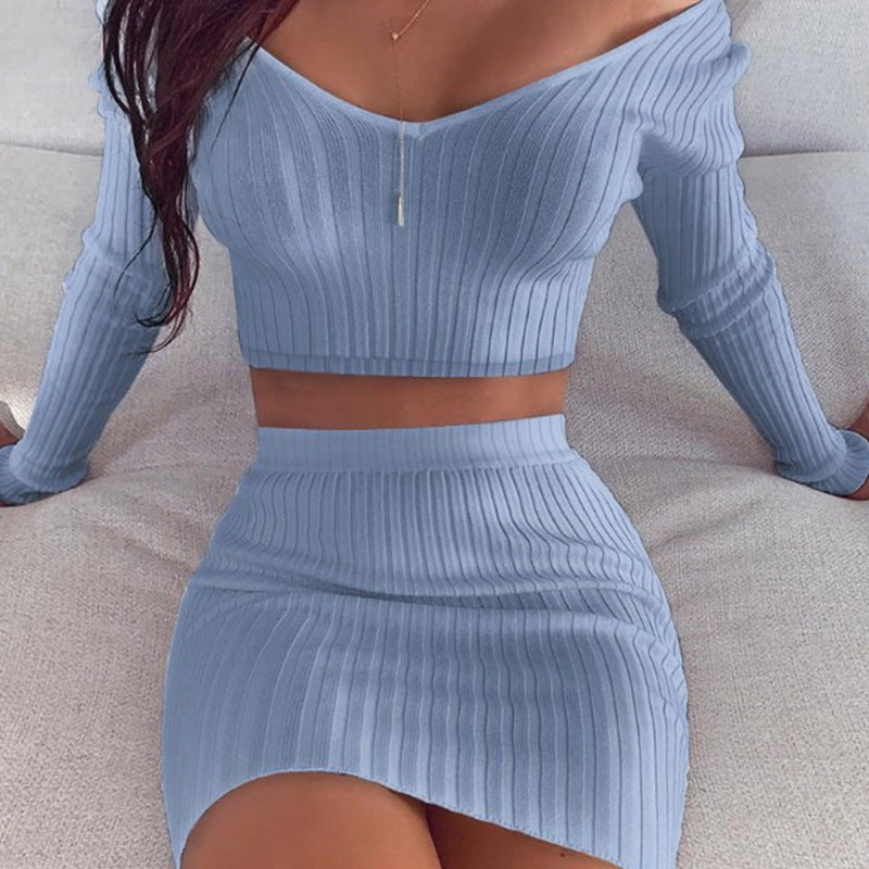 Ribbed Zipper Front  Off-the-Shoulder Women's Long Sleeve Solid Color Crop Sweater + Striped/Solid Mini Skirt Knitted 2-Piece Set