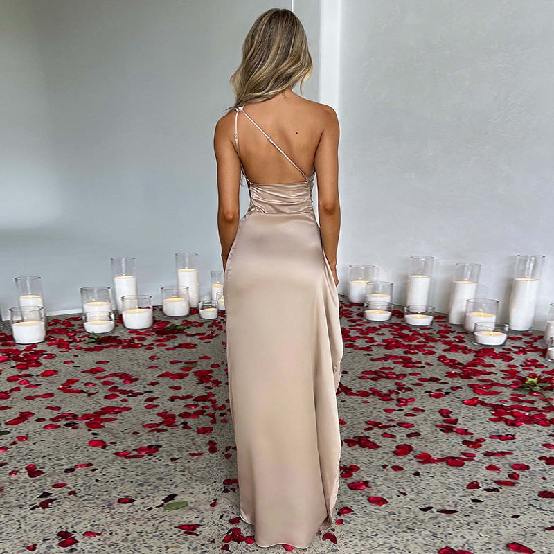 Satin Asymmetrical One-Shoulder Backless High Slit Solid Color Formal Party Prom Maxi Dress