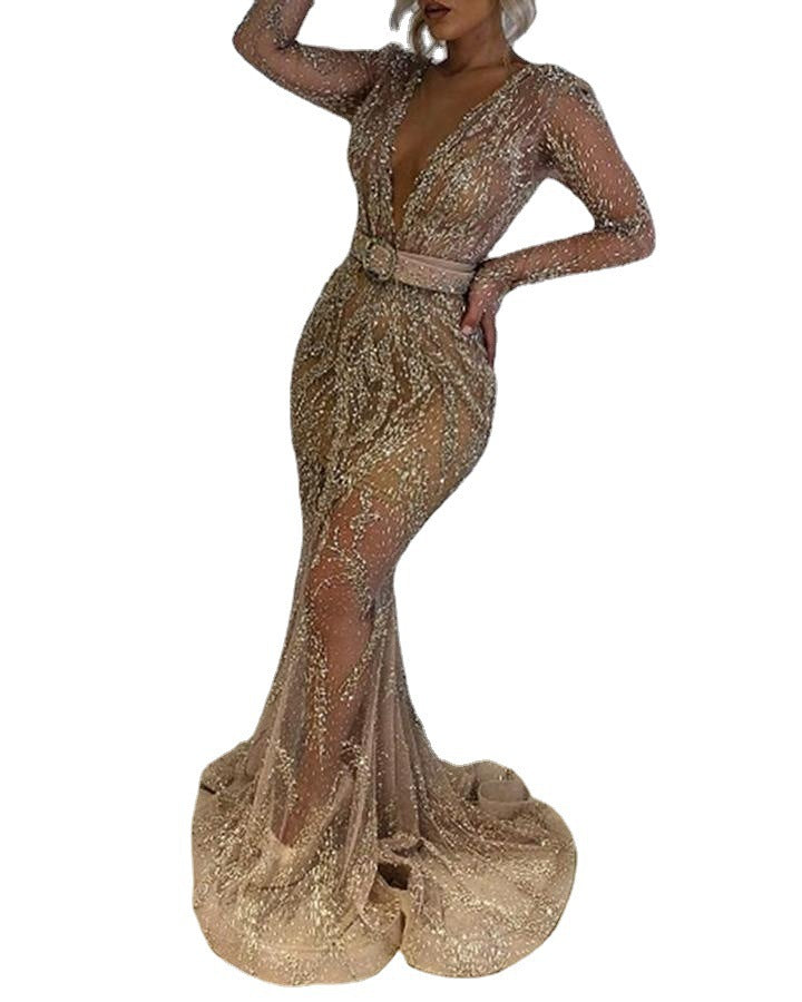 Gold Sparkling Glitter Sequined Deep Plunge V-Neck Long Sleeve Floor-Length Formal Big Swing Maxi Party/Prom Dress