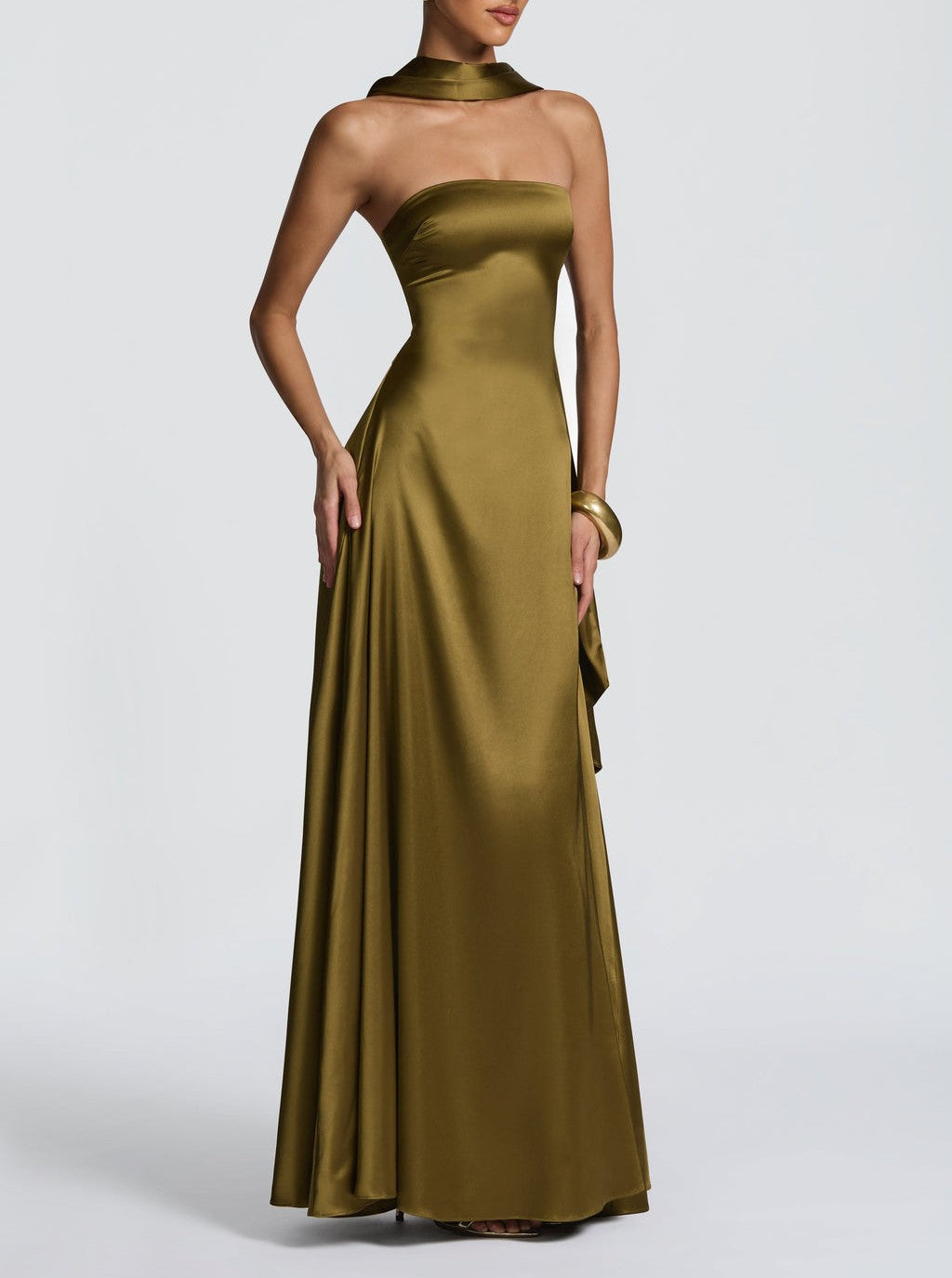 Oversized Satin Sleeveless Solid Color Floor-Length Formal Dress w/ Neck Sash