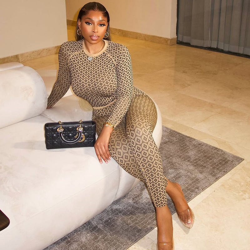 Khaki/Black Monogram Print Women's O-Neck Long Sleeve Skin Tight Women's Jumpsuit