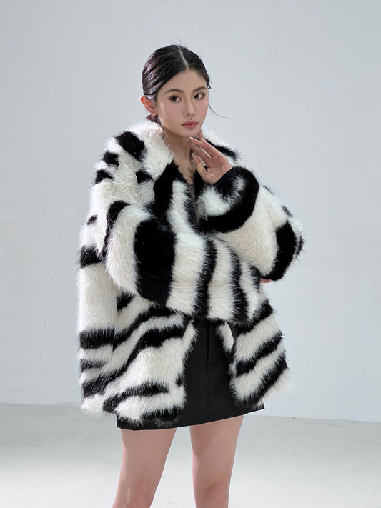 Faux Fur Black/White Zebra Print Turn-Down Collar Women's Jacket