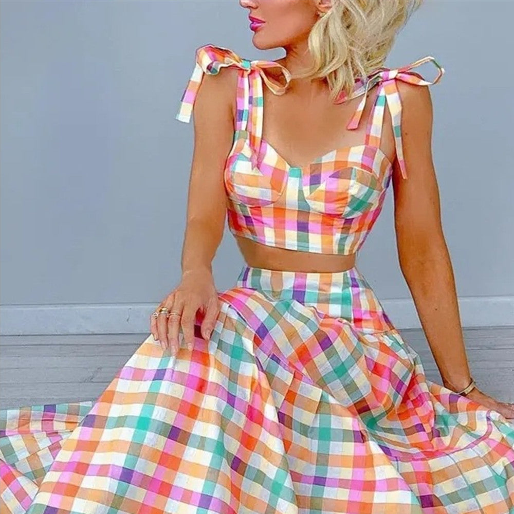 Pastel Plaid Checker Print Bowknot Strap V-Neck Crop Top + Tiered Maxi Skirt Women's 2-Piece Set
