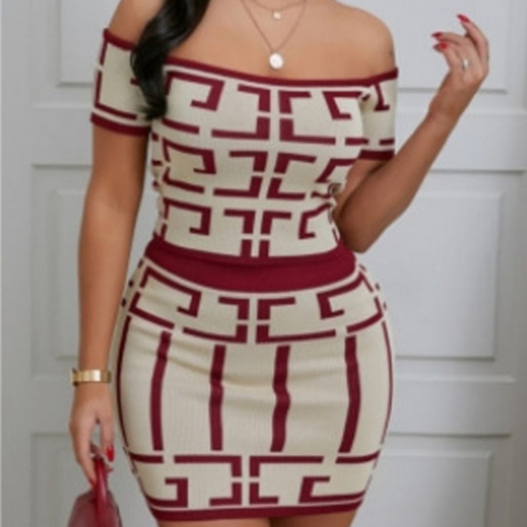 Geometric Print Off-the-Shoulder Crop Top + Mini Skirt 2-Piece Set