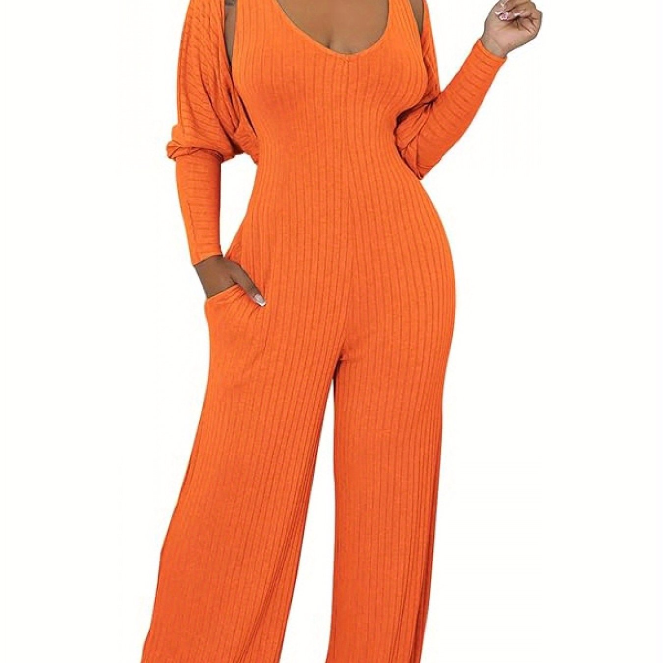 Ribbed Knitted Solid Color Batwing Sleeve Blazer + U-Neck Women's Sleeveless Jumpsuit 2-Piece Set