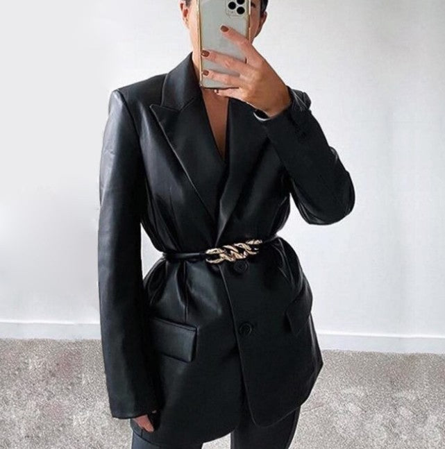 Black PU Leather Turn-Down Collar Women's Open Blazer Jacket