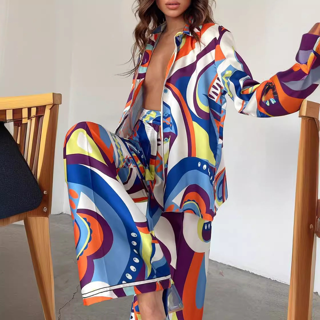 Geometric Multi-Colored Print Women's Turn-Down Collar Long Sleeve Blouse + Straight Leg Pants 2-Piece Set