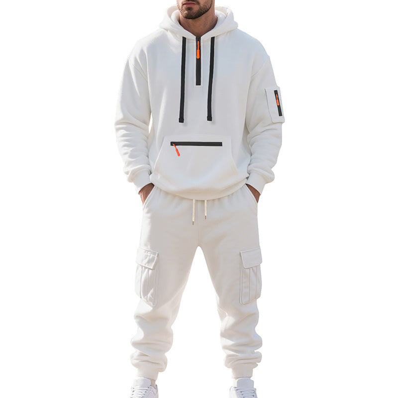 Men's Fleece Lined Zipper Pocket Drawstring Hoodie Sweatshirt + Multi-Pocket Cargo Sweatpants 2-Piece Tracksuit
