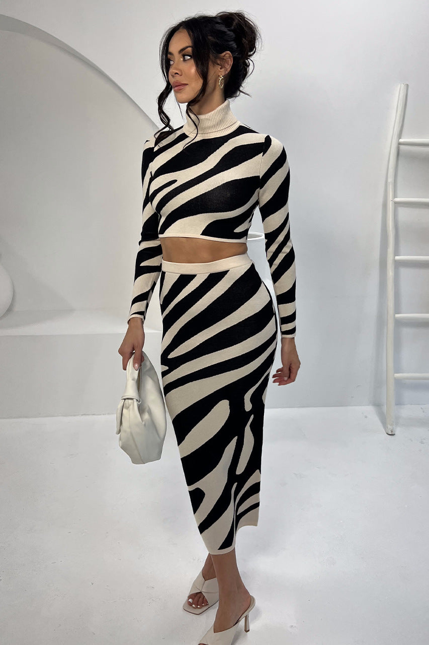 Zebra Striped Turtleneck Women's Long Sleeve Cropped Sweater + Maxi Skirt 2-Piece Knitted Set