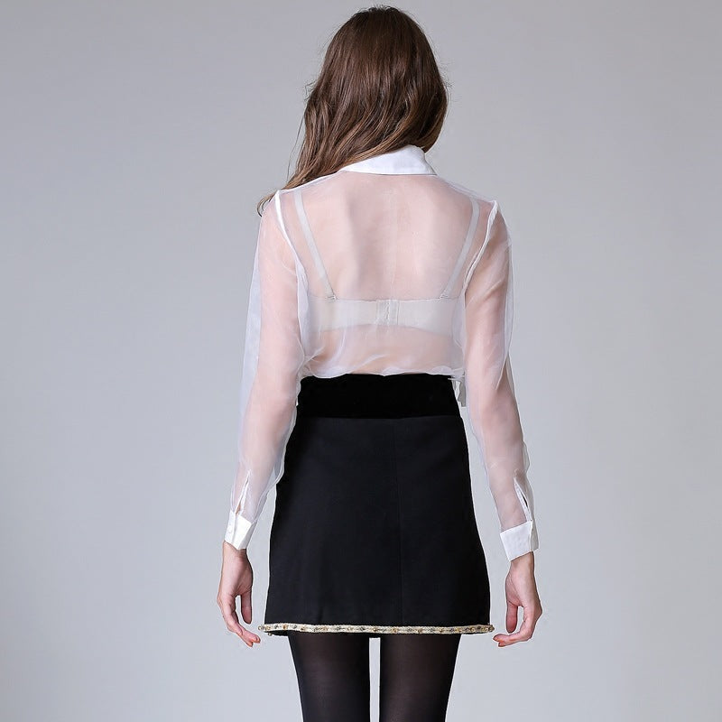 Big Flower Design Transparent Organza Women's Long Sleeve Dress Shirt