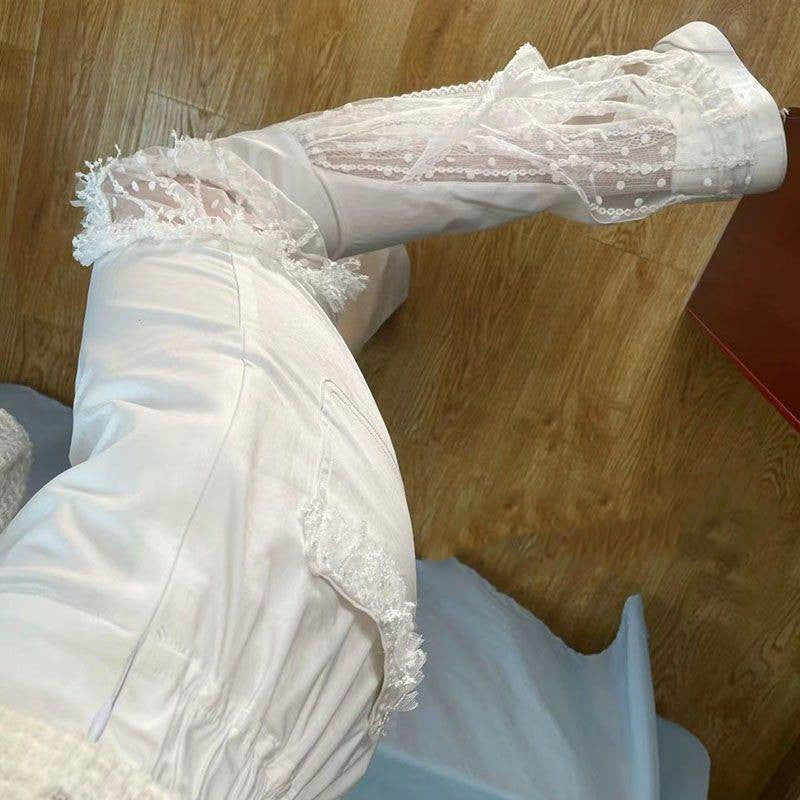 White Mesh Sheer Hollow-Out Transparent Patchwork Waist Micro Flare Women's Pants