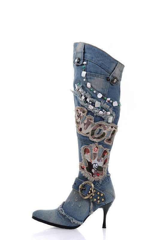 Denim Ripped Women's String Beaded Stiletto Heel Knee-High Jean Boots