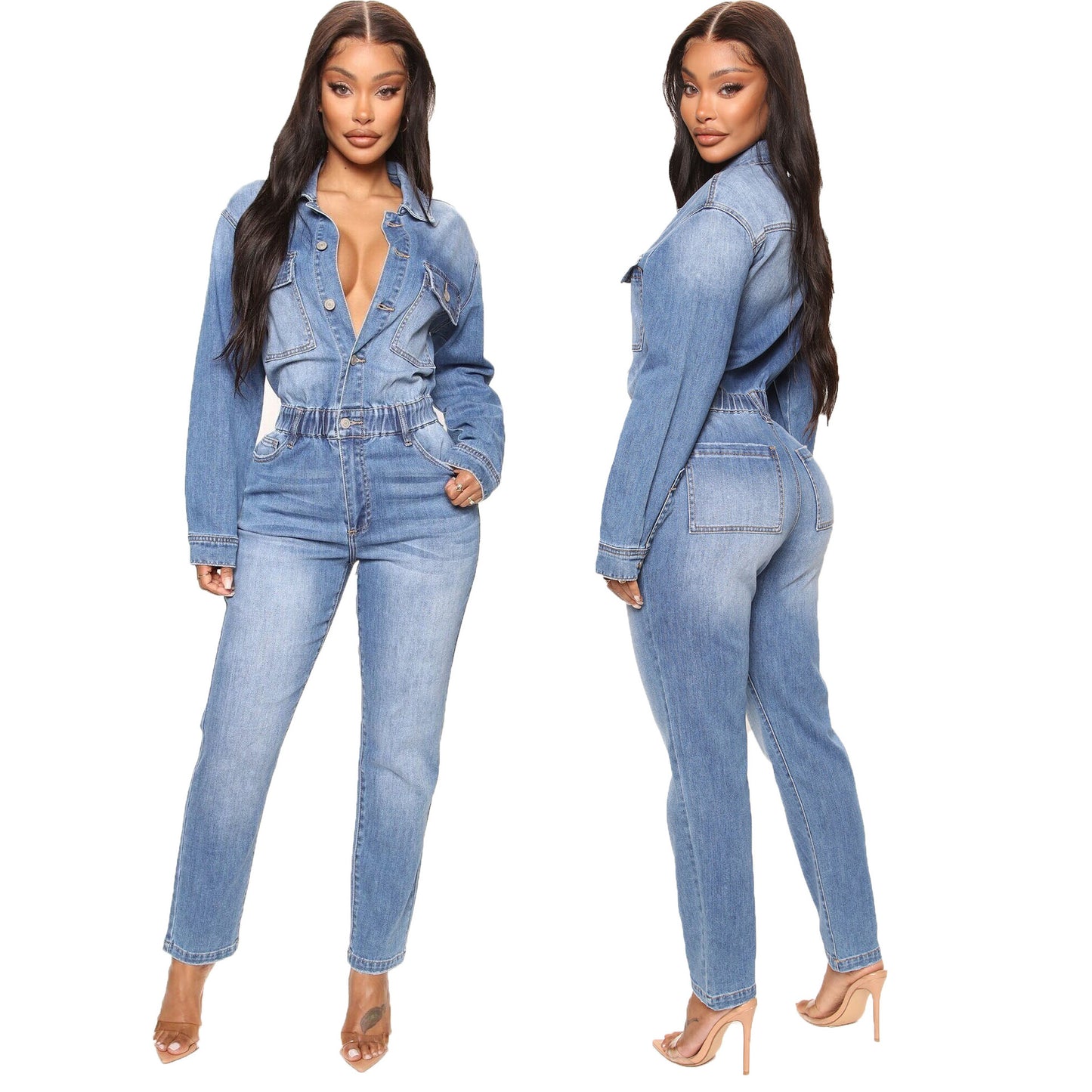 Denim Light Blue Gradient Faded Washed Button-Up Long Sleeve Elastic Waist Women's Jeans Jumpsuit