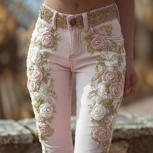Soft Pink Vintage Rose Embroidered Print Women's Jeans to 3X Plus Size