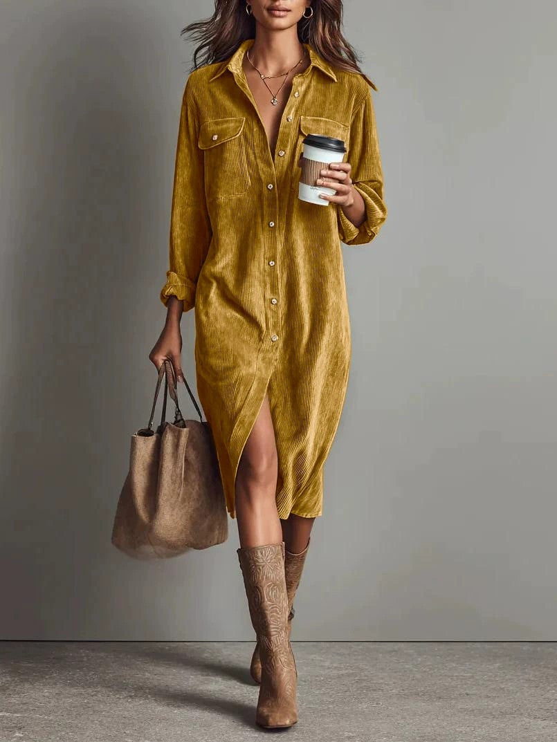Double Pocket Design Turn-Down Collar Loose Button-Up Long Sleeve Office Midi Shirt Dress to 3X Plus Size