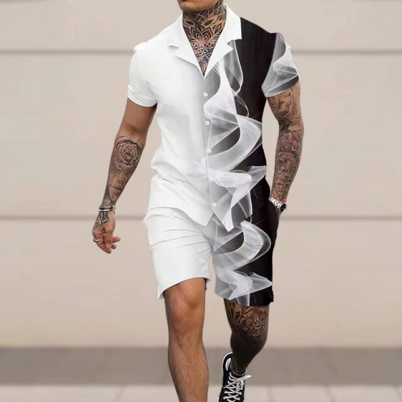Men's Geometric/Colorblock 3D Print Turn-Down Collar Short Sleeve Polo Shirt + Shorts 2-Piece Set