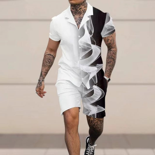 Men's Geometric/Colorblock 3D Print Turn-Down Collar Short Sleeve Polo Shirt + Shorts 2-Piece Set