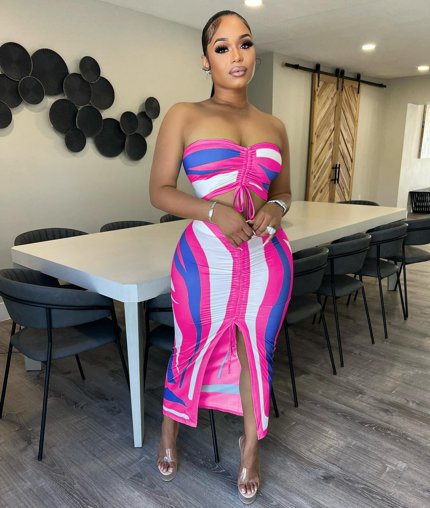 Striped Colorblock Print Sleeveless Tube Bra + High Slit Maxi Skirt 2-Piece Set