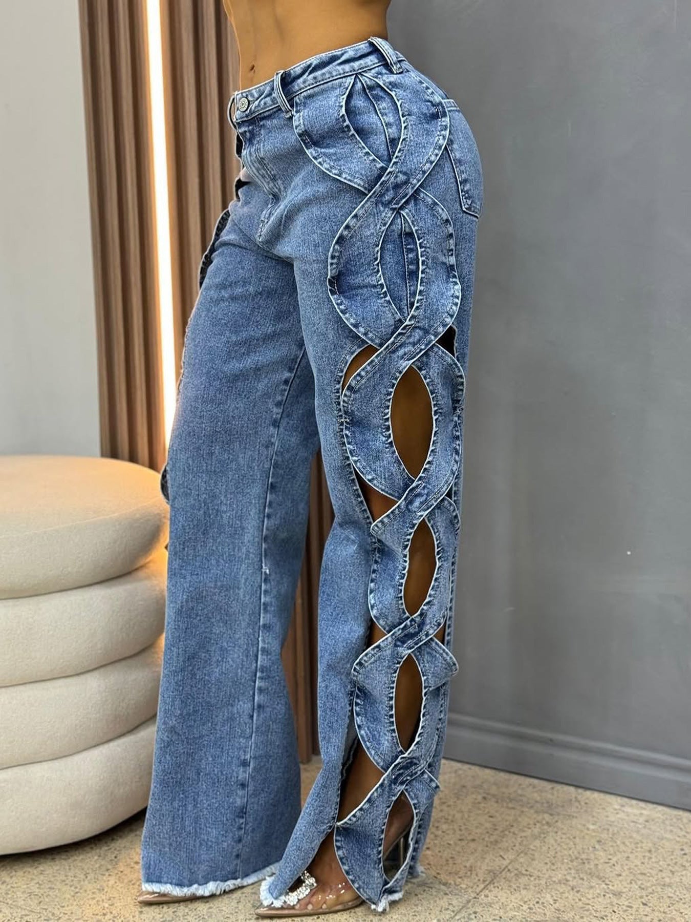 Denim Faded Washed Criss-Cross Side Hollow-Out Pattern Women's Jeans