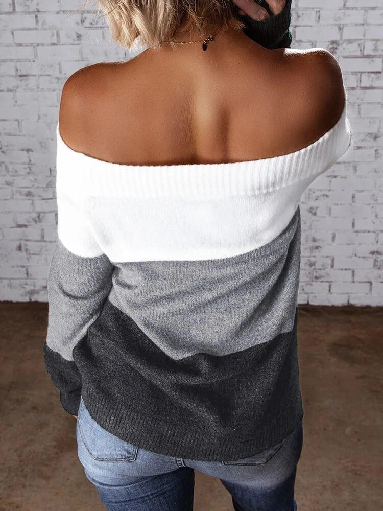 Striped Colorblock Off Shoulder Knitted Pullover Tunic Sweater