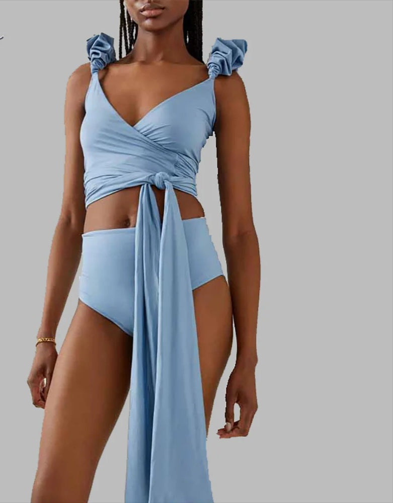 Baby Blue Solid Color Wrap Waist Bandage Lace Stripe Cut-Out Cover Up Tankini