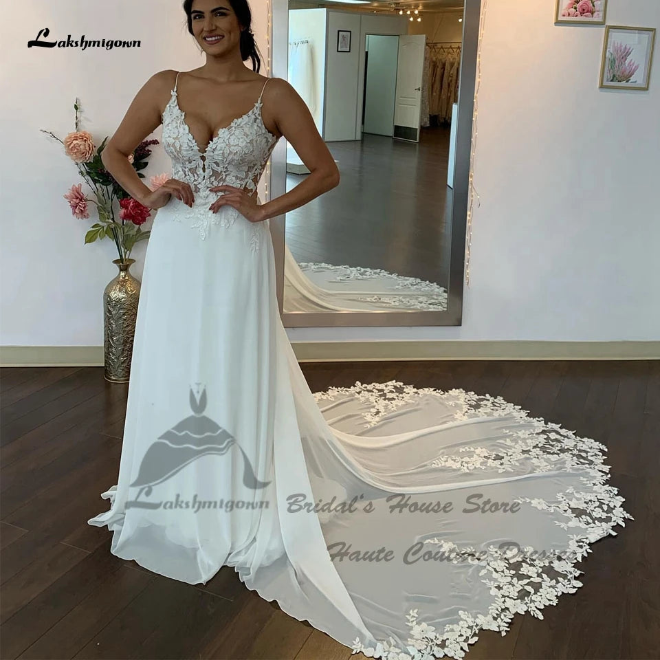 Chiffon Wedding Bridal Wedding Floral Lace Spaghetti Straps