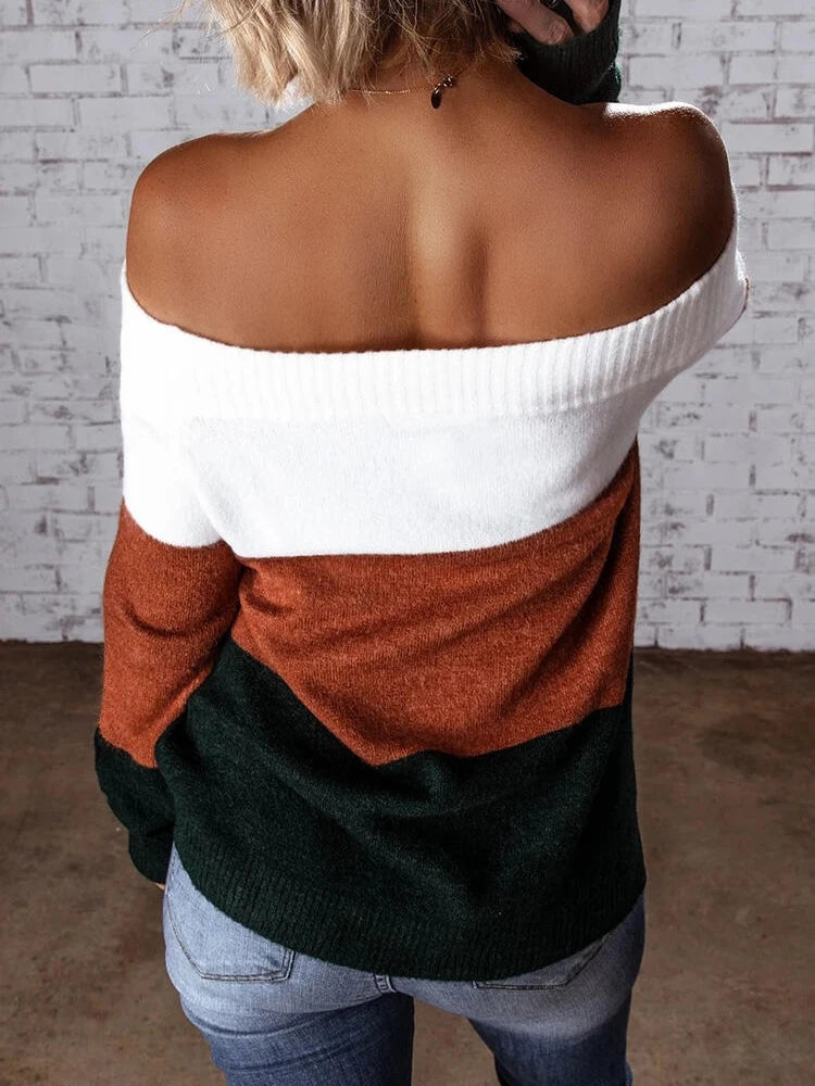 Striped Colorblock Off Shoulder Knitted Pullover Tunic Sweater