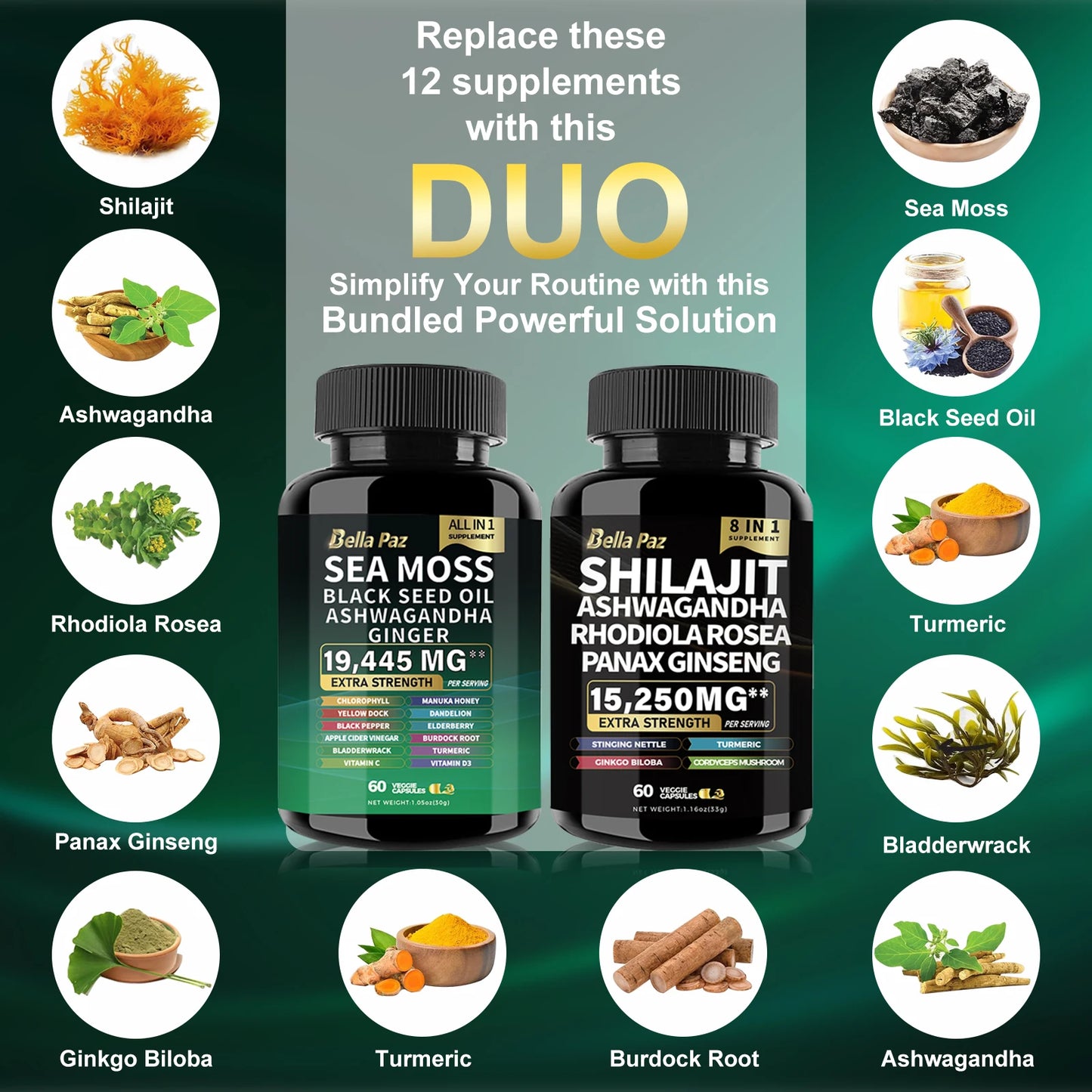 Sea Moss 7000mg, Black Seed Oil 4000mg, Ashwagandha 2000mg, Ginger, Shilajit 9000mg, Ginseng 1500mg