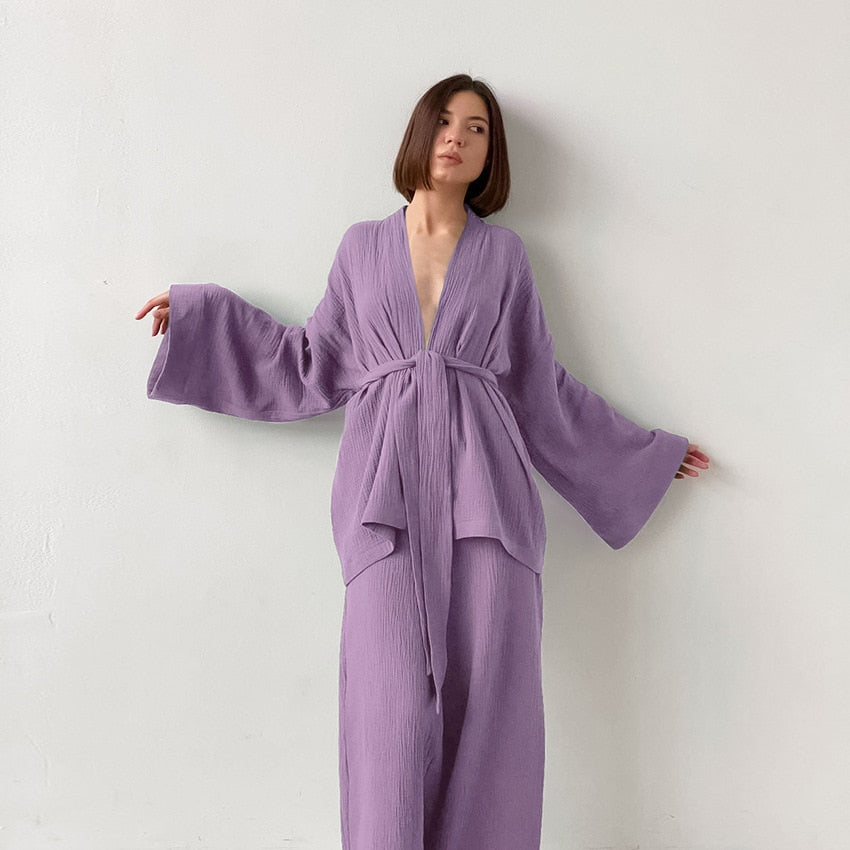 Japanese Kimono 2-Piece Set 100% Cotton Loose Ladies Pajamas