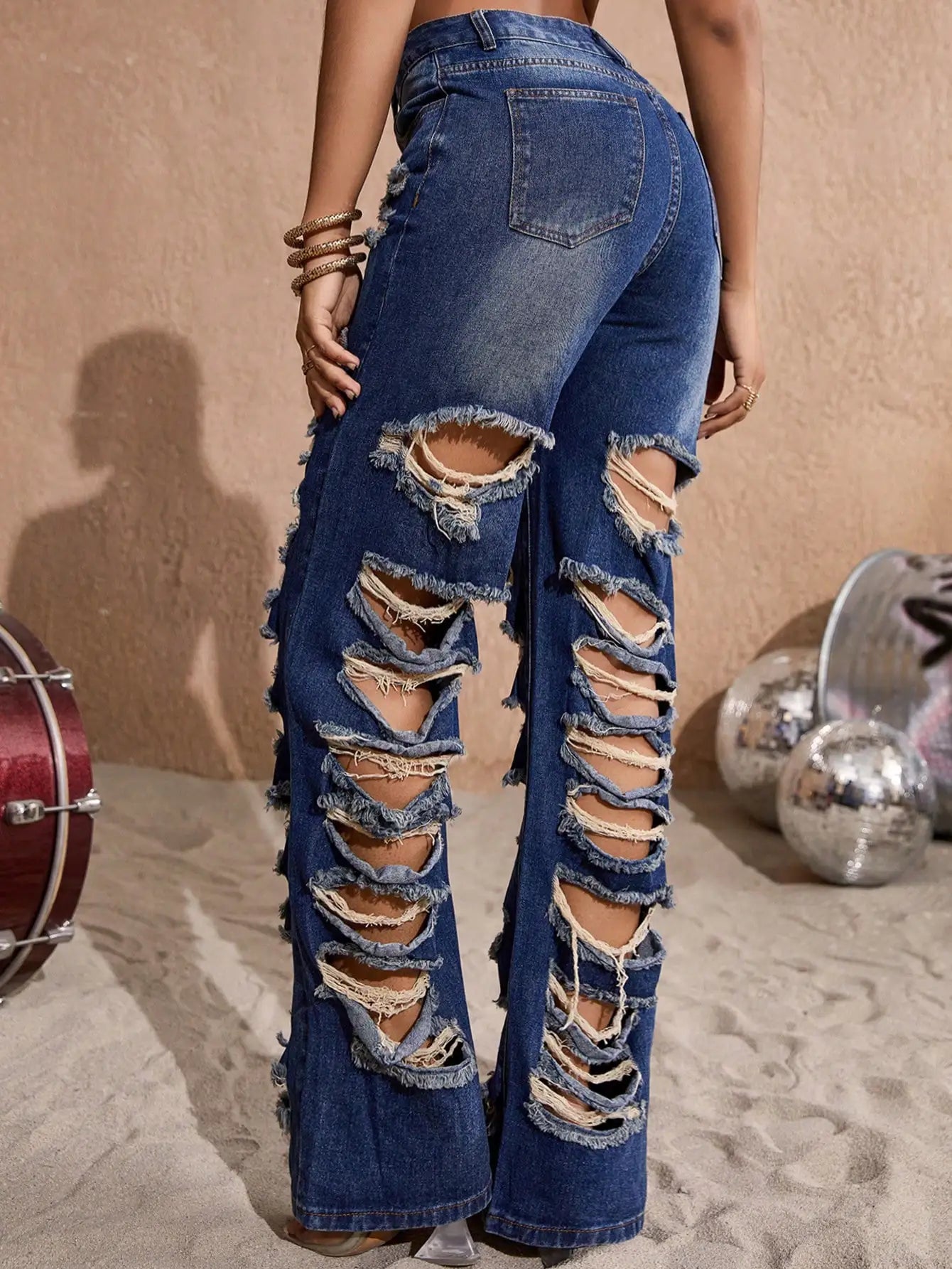 Ripped Cut-Out Streetwear High Waisted Slanted Pocket Wide Straight Leg Long Ladies Jeans