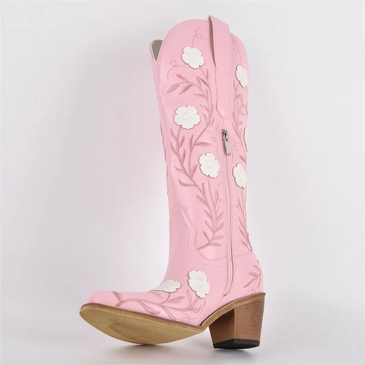 Western Flower Embroidered Women's Pointed Toe Side Zipper Chunky Heel Cowgirl Boots