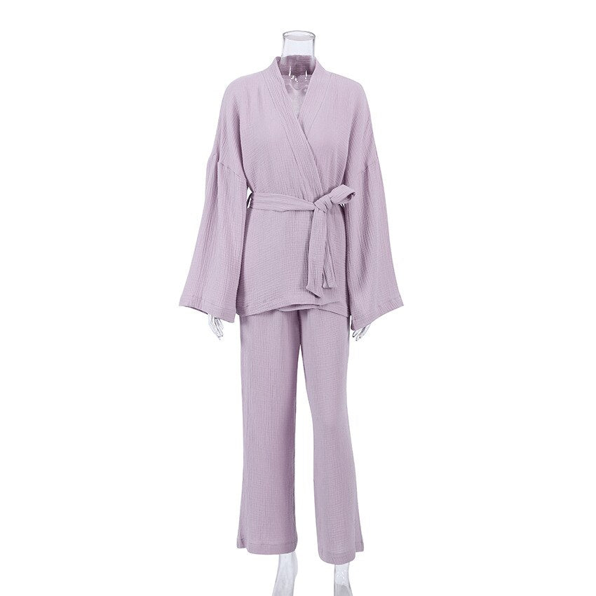 Japanese Kimono 2-Piece Set 100% Cotton Loose Ladies Pajamas