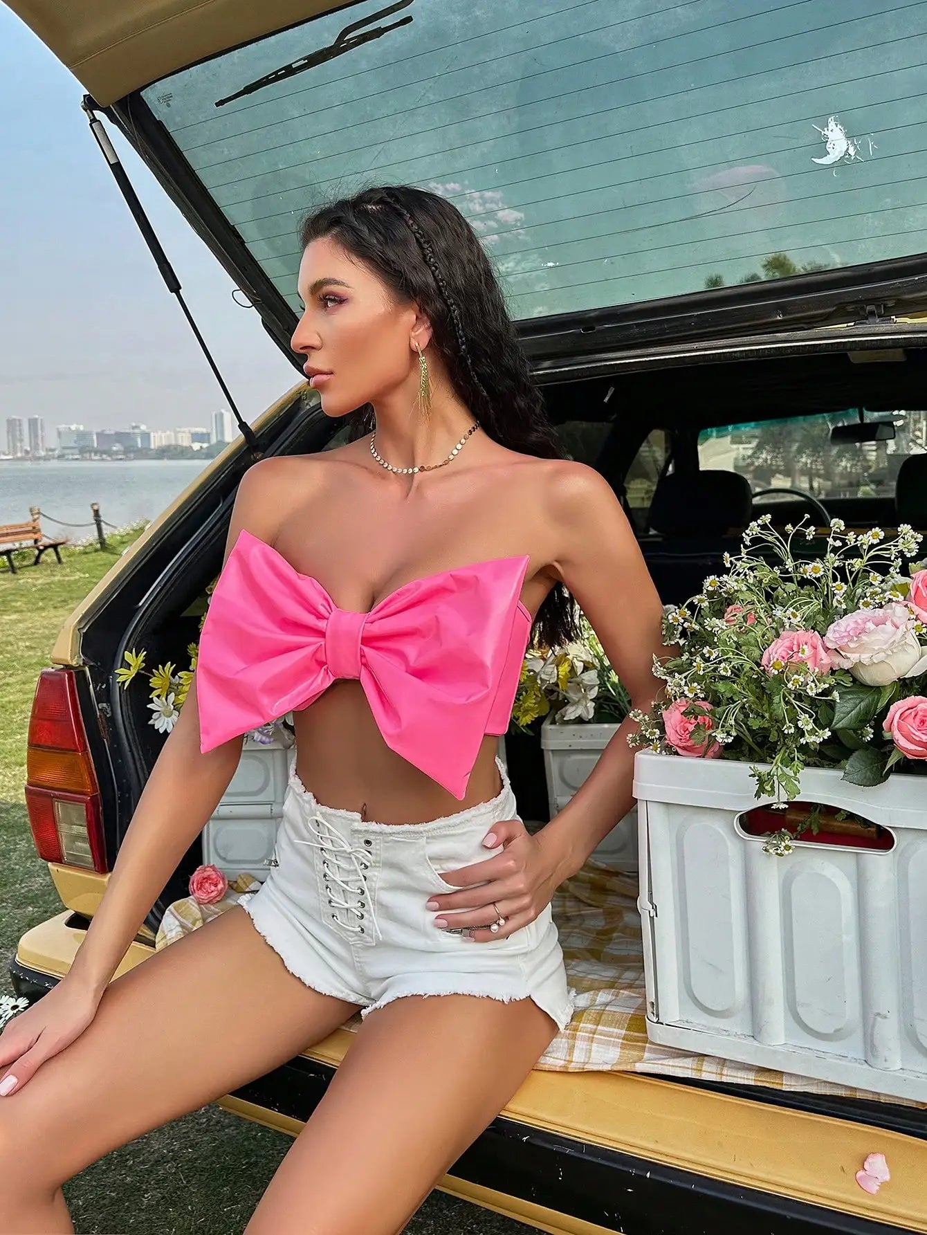 Big Bow PU Leather Pink/Black Solid Sleeveless Strapless Tube Crop Top