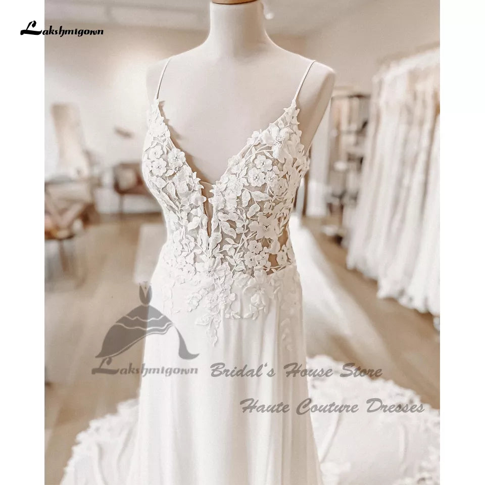 Chiffon Wedding Bridal Wedding Floral Lace Spaghetti Straps