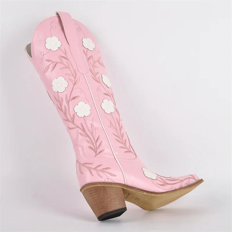 Western Flower Embroidered Women's Pointed Toe Side Zipper Chunky Heel Cowgirl Boots