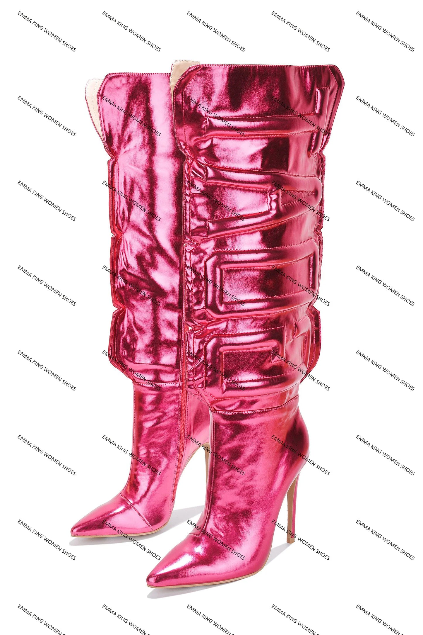 Letter Embroidered Glossy Metallic Pointed Toe Stiletto Thin Heel Over-the-Knee Women's Zipper Boots