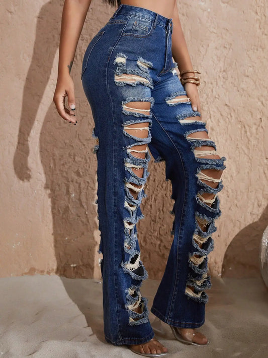 Ripped Cut-Out Streetwear High Waisted Slanted Pocket Wide Straight Leg Long Ladies Jeans