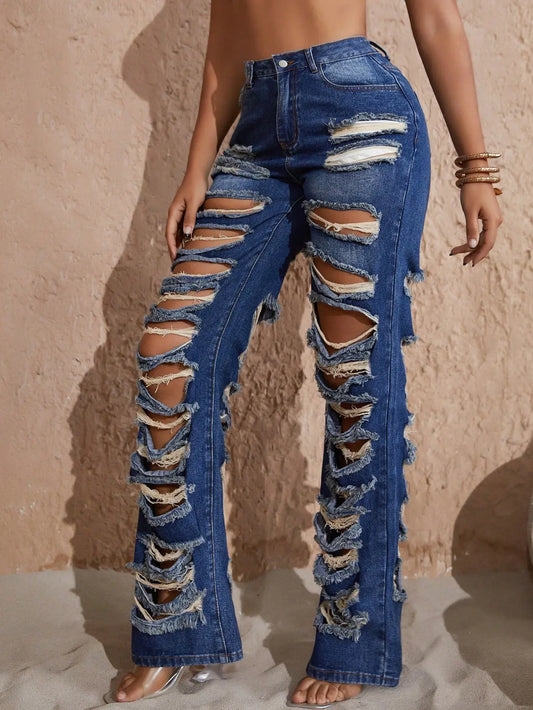 Ripped Cut-Out Streetwear High Waisted Slanted Pocket Wide Straight Leg Long Ladies Jeans