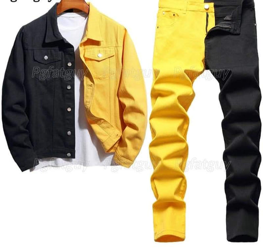 Men's Colorblock  Yellow/Black Denim Jean Jacket + Ruched Skinny 2-Tone Jeans 2-Piece Set