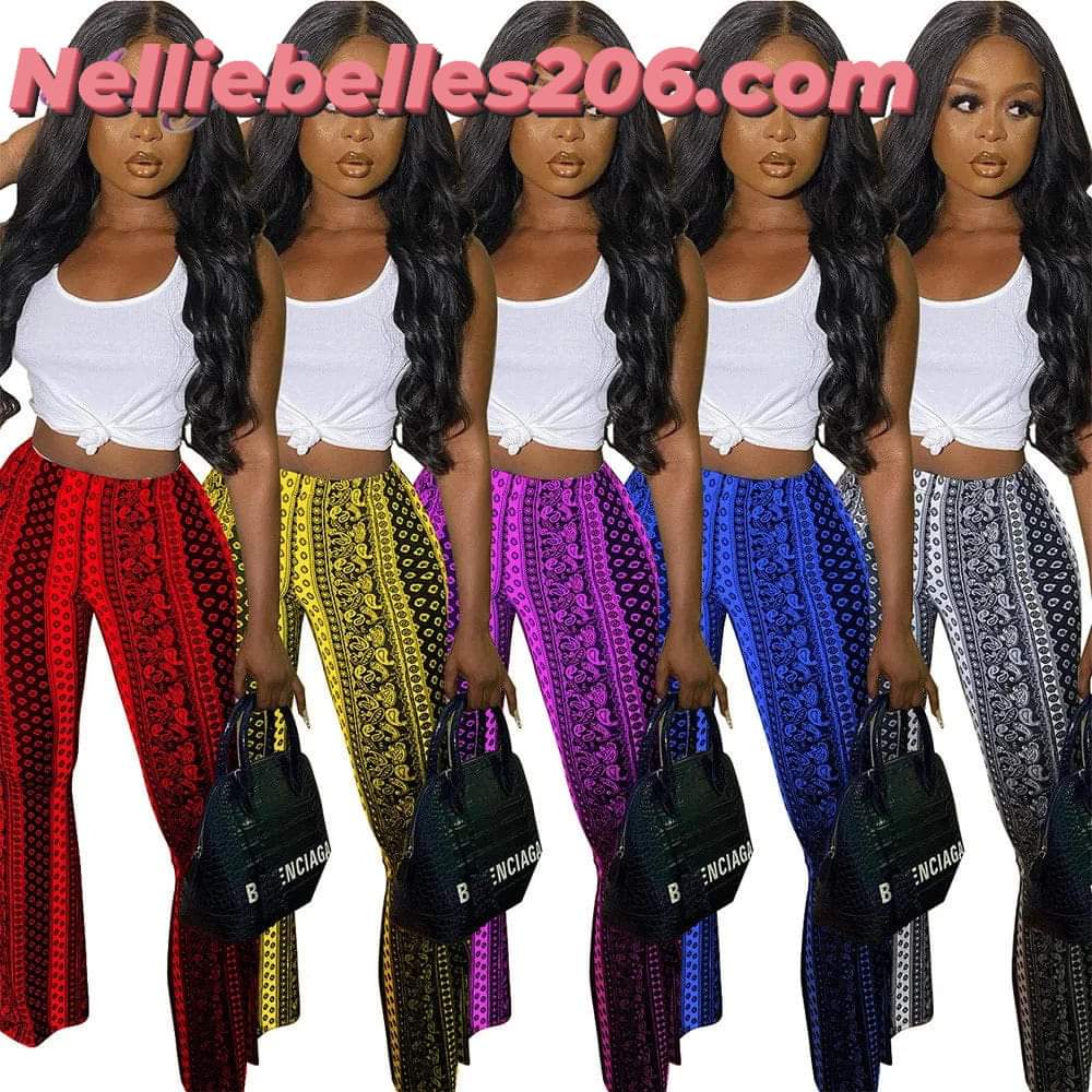 Paisley Bandana Print Ladies BellBottom Flared Leg Streetwear Elastic Waist Pants