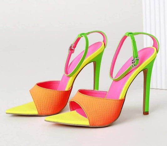 Pastel Colorblock Pointed Toe High Heel Buckle Strap Sandals